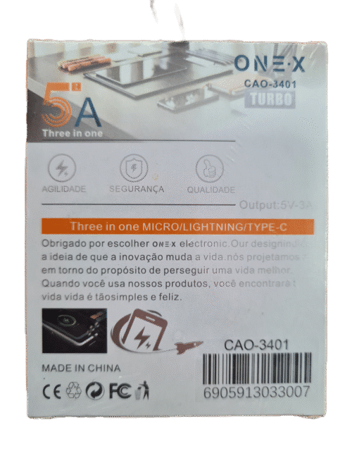 Cabo USB 3 em 1 ONE X CAO-3401 Para Carregador de Celular - de USB para micro-usb, tipo-C e Lightning - Imagem 3