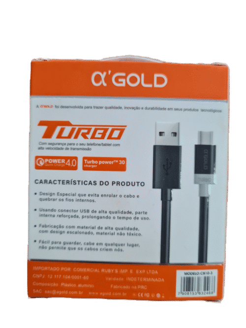 Cabo Carregador TURBO RÁPIDO USB TIPO-C A'GOLD CB10-3 cabo 1,0m - Imagem 2